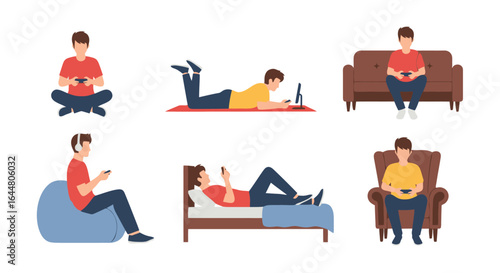 Diverse Poses of Individuals Interacting with Mobile Devices for Illustrating Modern Digital Lifestyles and Technological Engagement in Various Comfort Zones
