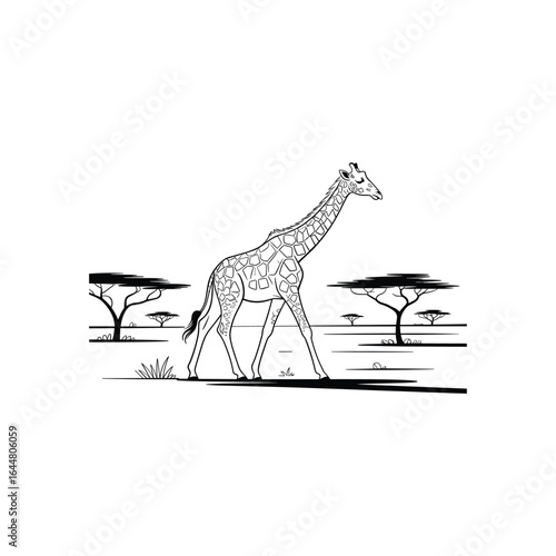 Giraffe walking through savanna with acacia trees wildlife