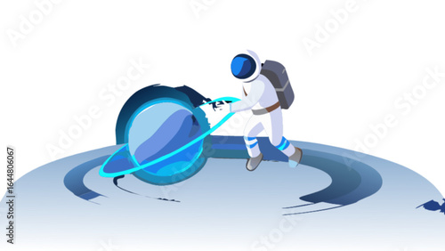 Astronaut in a white suit interacting with a blue planet with rings on a light blue surface area