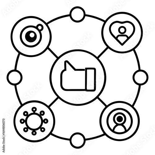 Conceptual network diagram illustrating social media engagement with icons for likes followers and observation in a connected system