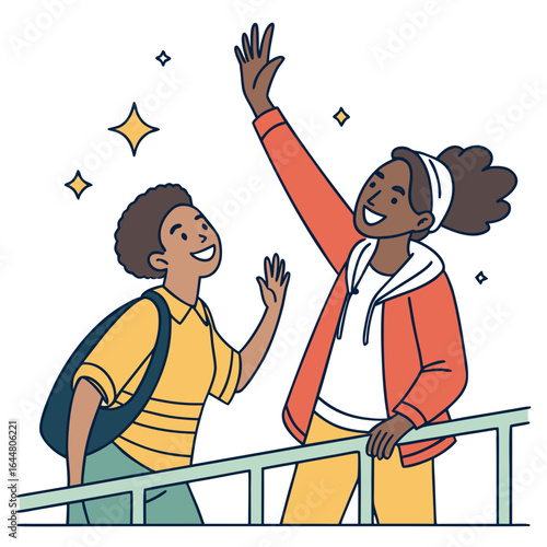 Two smiling diverse young friends a boy and a girl enthusiastically waving hello and giving a high five gesture while standing on a balcony or railing