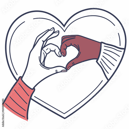 Two hands of different skin tones forming a heart shape inside a larger heart outline symbolizing love unity and diversity