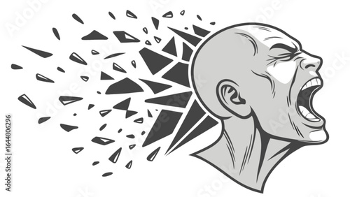 Illustration of a screaming head with shattered pieces emanating from the back of the head design