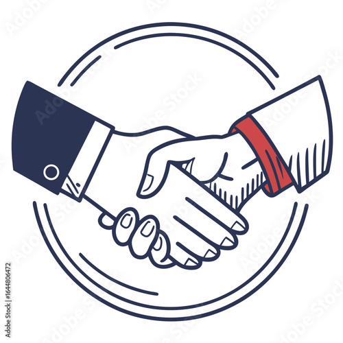 Two business people in suits shaking hands inside a circular emblem symbolizing agreement partnership and successful collaboration in a professional setting