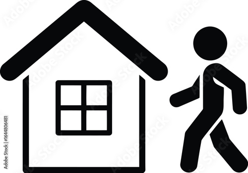 Person walking away from a simple house icon on a light gray background