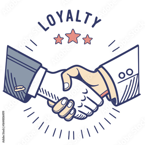 Symbolic illustration of a handshake signifying loyalty and trust between two individuals with the word loyalty and three stars above