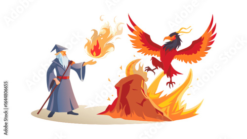 Wizard casting fire spell summons a phoenix from flames in fantasy illustration scene with magic and power