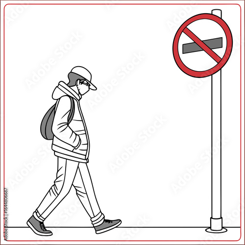 A young person wearing a hooded jacket and baseball cap walks past a prohibition sign indicating no entry or forbidden activity