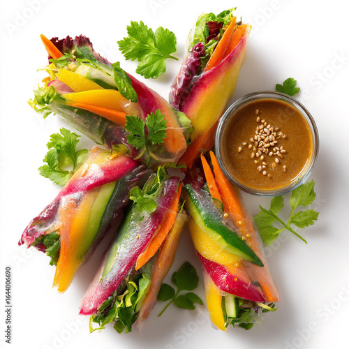 Rainbow vegetable spring rolls with peanut dipping sauce