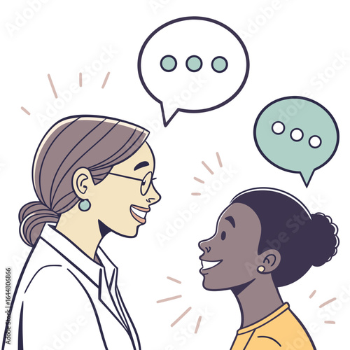 Two women of different ages and ethnicities engaged in a positive conversation with speech bubbles indicating communication and understanding