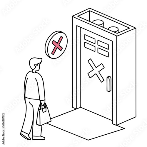 Person with shopping bag approaching a closed door with a red cross symbol indicating rejection or denial of entry