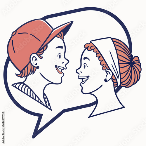 Two smiling young people a boy with a baseball cap and a girl with a headband engaged in conversation within a speech bubble