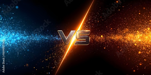 Futuristic VS Battle Background – Glowing Blue & Orange Particle Split with Metallic 'VS' & Cinematic Sparks