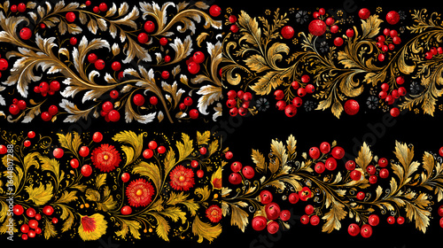 Rich traditional Khokhloma floral folk art border with golden leaves and red berries on black background, perfect for cultural decoration and textile design.