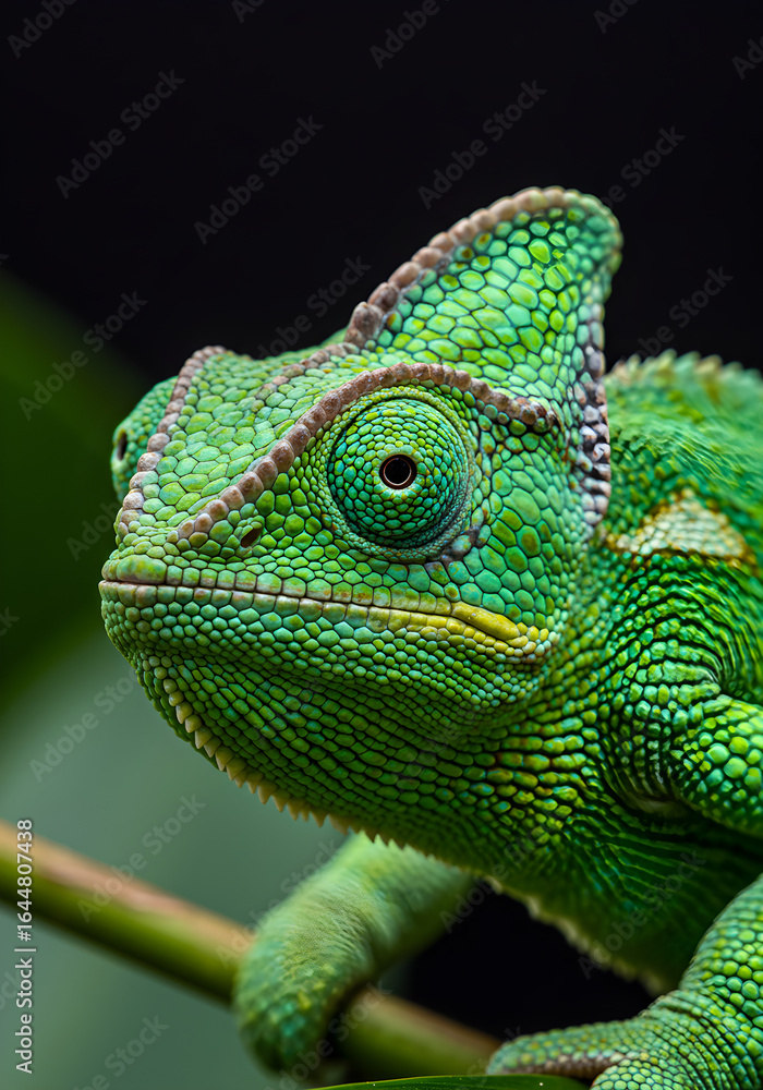 Obraz premium Stunning close-up portrait of a vibrant green chameleon perched on a branch, showcasing intricate scales and a curious eye, perfect for nature and wildlife themes.