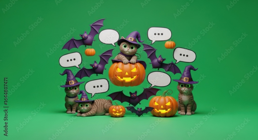 Fototapeta premium Halloween cats and bats surrounding pumpkins with speech bubbles on green