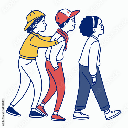 Three diverse young friends walking together in a line one person gently guiding another by the shoulders showcasing friendship and unity in a modern stylized illustration