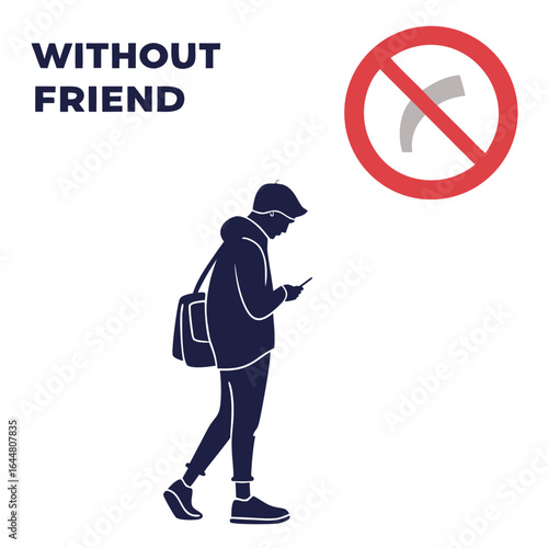 Young man focused on smartphone ignoring social interaction and friendship opportunities symbolized by a prohibition sign