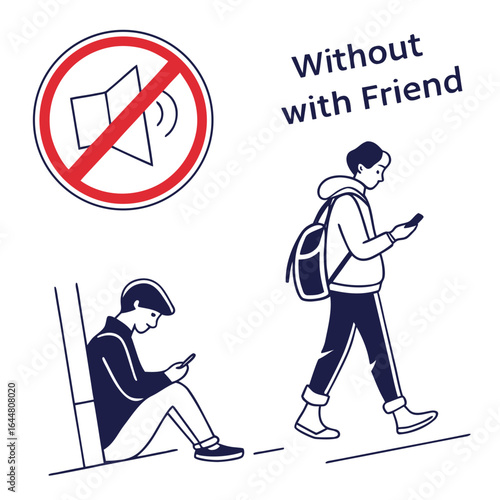 Two young men engrossed in their smartphones one sitting and the other walking ignoring each other and the world around them symbolized by a no sound icon