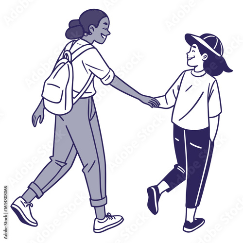 Two diverse young women walking together holding hands one with a backpack conveying friendship and connection