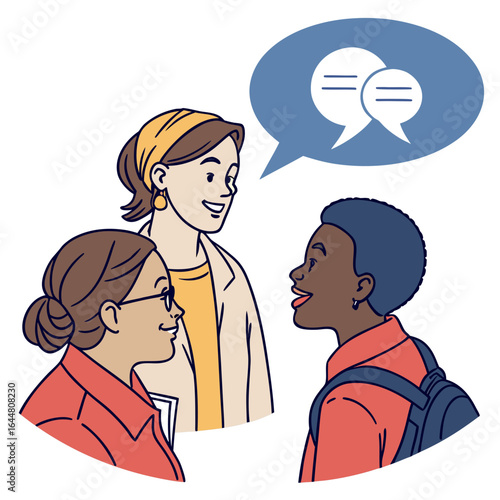 Three diverse women engaged in conversation with speech bubbles indicating communication and dialogue representing teamwork and discussion