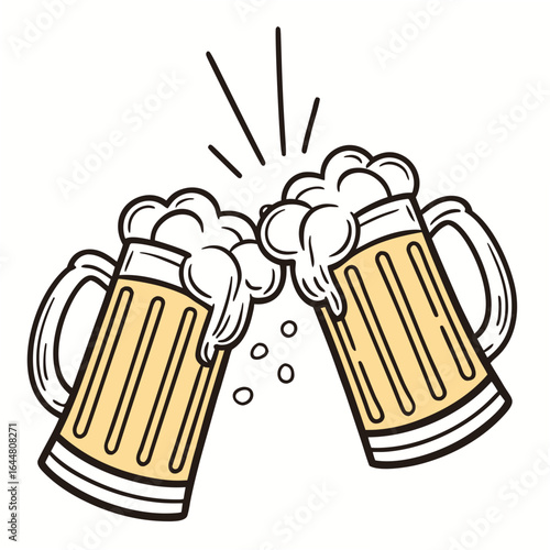 Two frothy beer mugs clinking together in a celebratory toast with bubbles and radiating lines against a white background