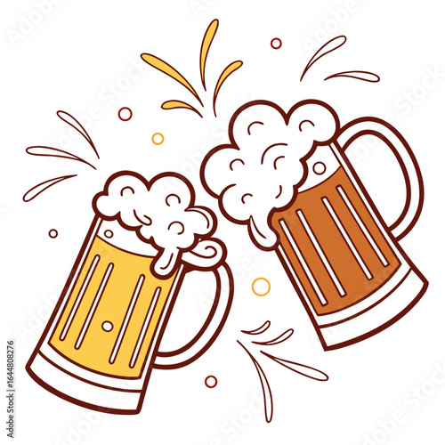 Two celebratory mugs of frothy beer clinking together with splashes and bubbles representing a toast or cheers for a special occasion or gathering