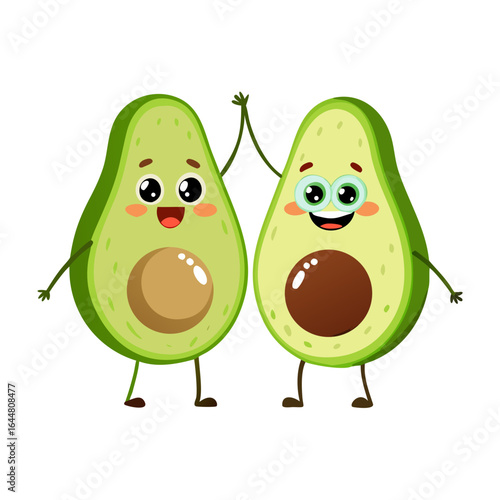 Two happy cartoon avocados giving a high five with their arms raised in celebration and smiling faces with rosy cheeks