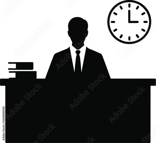 Silhouette of businessman sitting at desk with clock on wall symbolizing time management
