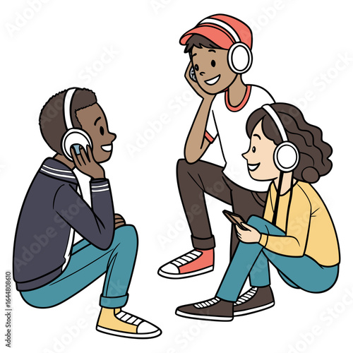 Three diverse young friends enjoying music together using headphones and smartphones sitting casually on a white background illustrating friendship and shared hobbies