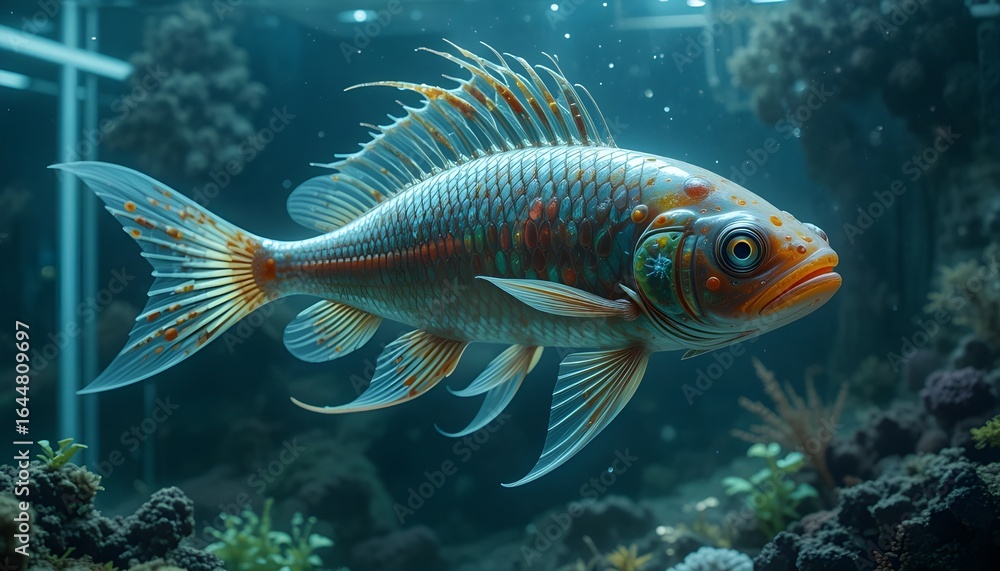 Fototapeta premium Mutant fish in transparent futuristic aquarium, glowing with harmful toxins. 