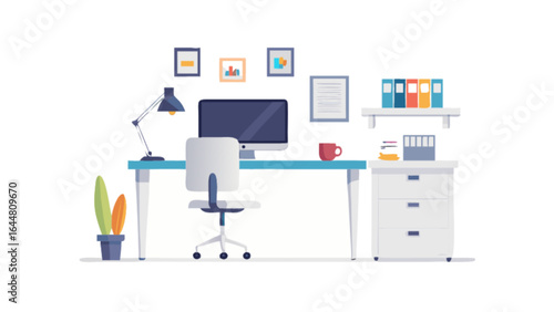 Illustration of a tidy workspace with desk computer chair and office supplies in a bright room