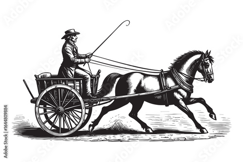 Retro Etching Style of Farmer Riding Horse-Drawn Wagon in Village Scene | Man driving horse drawn carriage with whip vector