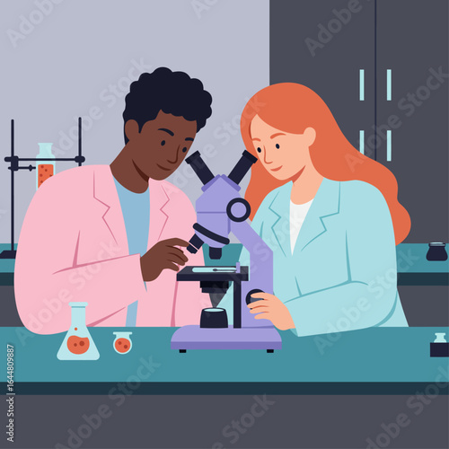Two diverse scientists, a man and a woman in lab coats, collaborate in a laboratory setting, examining a sample together through a microscope.