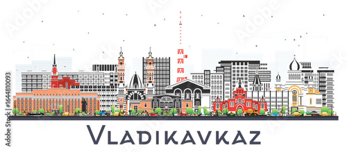 Vladikavkaz Russia city skyline with color buildings isolated on white. Vladikavkaz cityscape with landmarks. Business travel and tourism concept with modern and historic architecture.