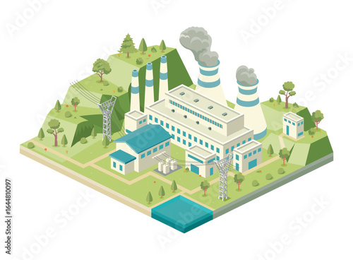 Isometric thermal power station with cooling towers emitting steam, chimneys, main building, substation, power lines, and surrounding green landscape.