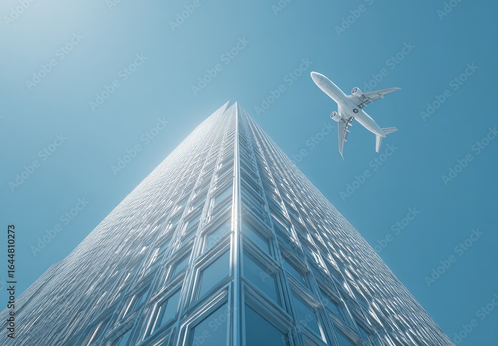 Obraz premium Modern skyscraper with airplane in clear sky. Low-angle view of a gleaming, glass-fronted high-rise building against a vibrant blue sky. A commercial jet flies high above, towards the bright sunlight