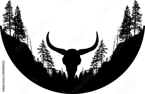 Vektor nordische Mythologie und Natur - Silhouette Wald Bäume - Schädel mit Hörner