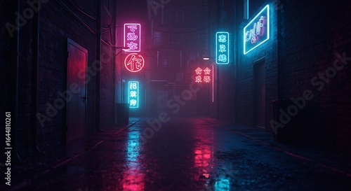 A dark, wet city alleyway illuminated by vibrant pink and blue neon signs at night.