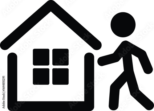 Person walking towards a simple house icon with a window