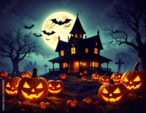 Haunted Halloween house with pumpkins
