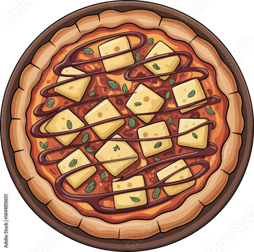 Delicious Paneer Pizza with Herbs and BBQ Sauce, Top View Vector Illustration