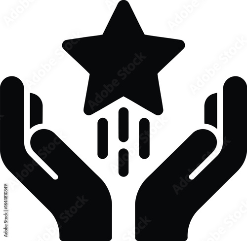 Two open hands gently holding a rising star with upward motion lines