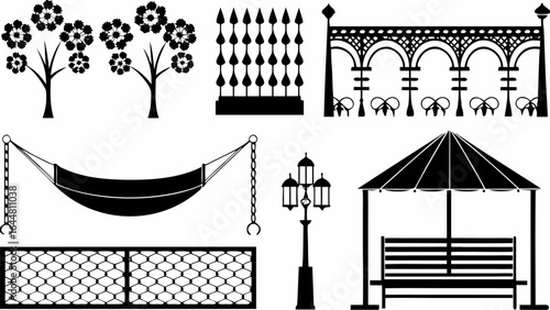 Illustration of outdoor elements including trees hammock gazebo and decorative architectural features silhouette