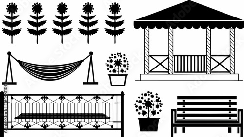 Illustration of outdoor furniture including a gazebo hammock bench and potted plants in black and white silhouette
