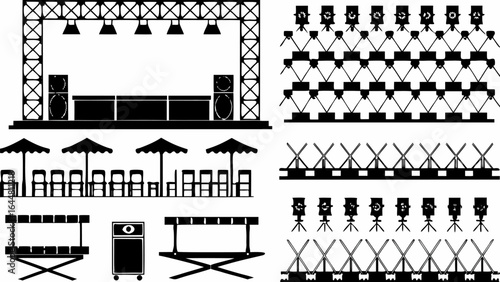 Illustration of an outdoor stage with lighting umbrellas tables and seating arrangements in black and white silhouette