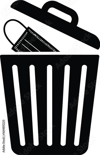 Discarding used face mask into a trash can icon symbolizing end of pandemic