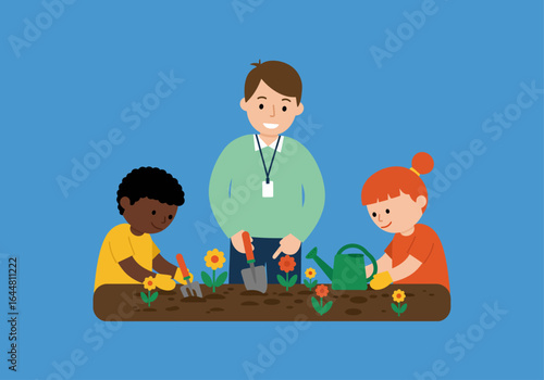 A teacher and two children are gardening together, planting flowers in a garden bed.