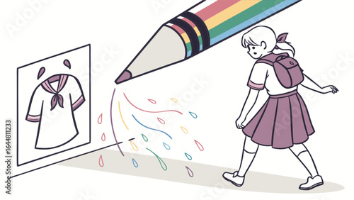 Girl walking away from a drawing of a sailor uniform being colored by a rainbow pencil stroke