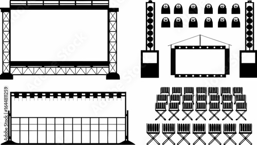 Illustration of an outdoor cinema setup with screen, chairs, lighting and stage equipment shown silhouette